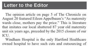 Clipping of a letter to the editor of The Chronicle on Hartford HealthCare's termination of maternity care services